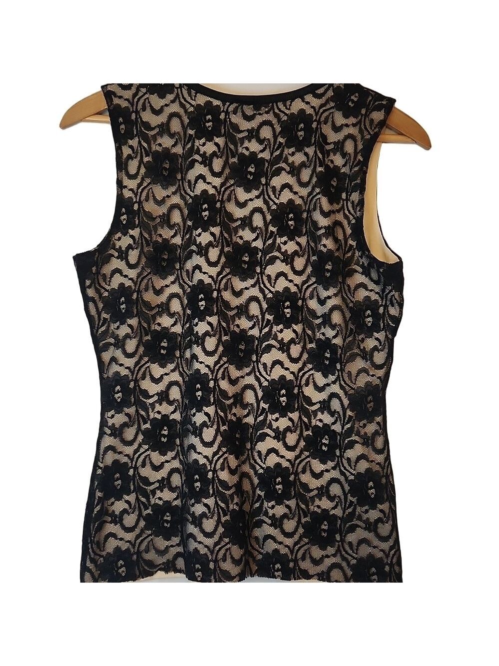 INC black lace overlay tank top shell Sz: M Sleeveless Holiday Split V Neck - Picture 4 of 11